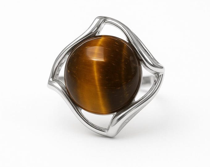 925 Sterling Silver Tiger’s Eye Ring Natural Gemstone Statement Ring, Brown Golden Crystal Jewelry, Healing Stone Gift for Her