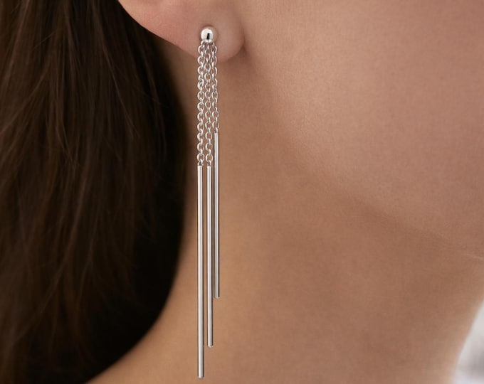 Sterling Silver Chain Bar Drop Earrings, Long Minimalist Dangle Earrings, Modern Linear Silver Earrings, Everyday Statement Jewelry