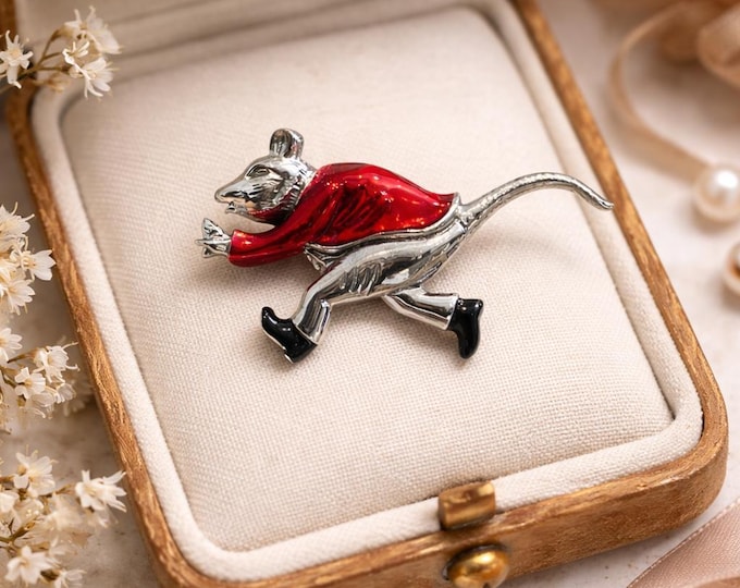 Victorian Rat Brooch Silver Rat Gentleman Pin with Red Coat, Antique Inspired Animal Lapel Brooch