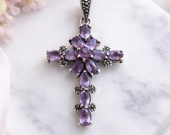 Victorian Style 925 Sterling Silver Amethyst and Marcasite Cross Pendant Antique Inspired Gemstone Necklace