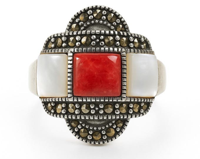 Vintage Style Sterling Silver Ring with Coral and Mother of Pearl Inlay Art Deco Statement Jewelry Gift for Her
