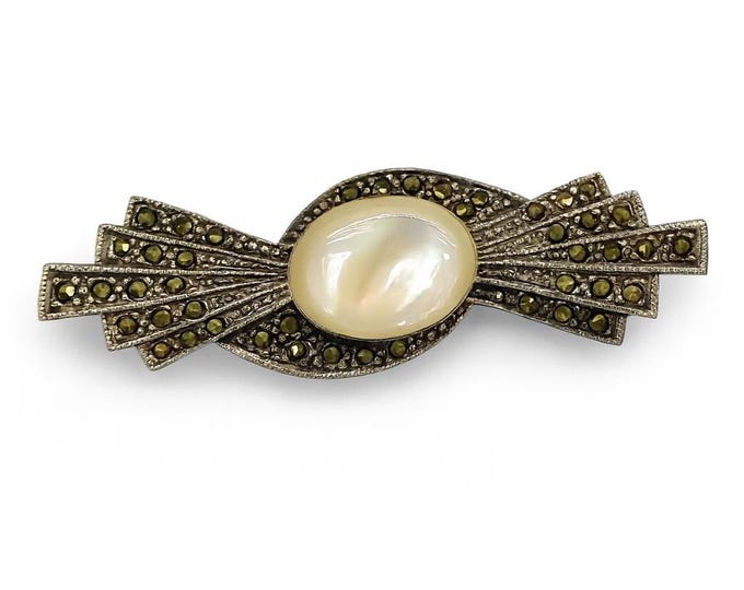Art Deco Inspired Mother of Pearl and Onyx Marcasite Brooch 925 Sterling Silver