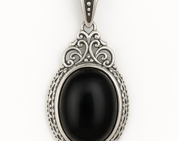 Vintage Black Onyx Pendant Necklace 925 Sterling Silver Filigree Design, Large Oval Gemstone Statement Jewelry, Handmade Boho Gift for Her