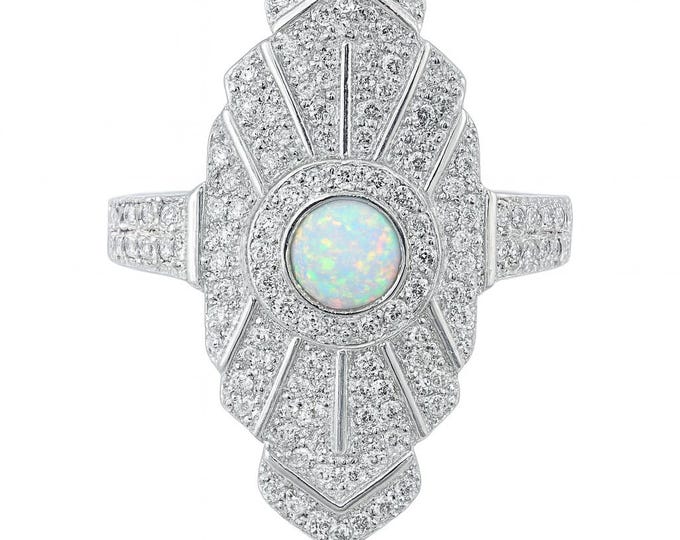 Gilson Opal and CZ Diamond Round Ring 925 Sterling Silver