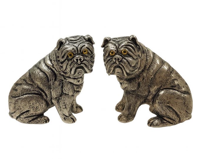 Antique Style Bulldog Glass Eyes Salt and Pepper Shakers 925 Sterling Silver Plate