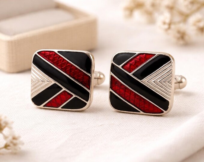 Vintage Sterling Silver Enamel Cufflinks, Red Black Geometric Art Deco