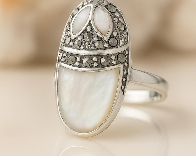 Vintage Style Sterling Silver Ring with Mother of Pearl, Onyx and Marcasite Accents Art Deco Statement Jewelry