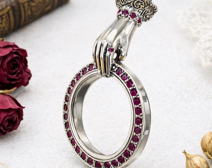 Antique Nouveau Inspired Collectable Ruby Hand Magnifying Glass 925 Sterling Silver with Chain