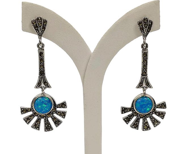Art Deco Inspired White Blue Gilson Opal and Marcasite 925 Sterling Silver Earrings