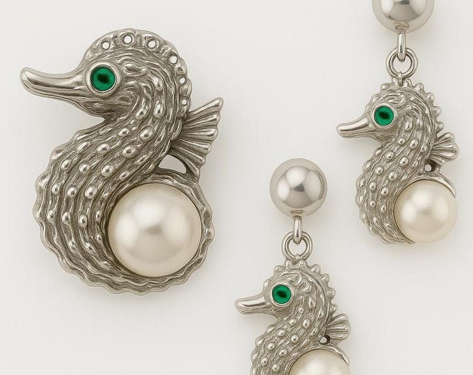 Natural Freshwater Pearl and Emerald Seahorse Earrings and Pendant Set 925 Sterling Silver