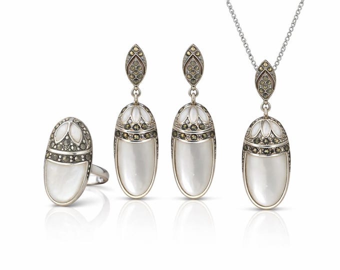 925 Sterling Silver Marcasite Jewelry Set, Art Deco Pendant Earrings and Ring Set