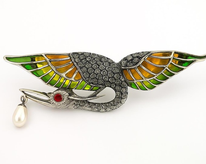 Art Nouveau Plique à Jour Stork Brooch with Marcasite, Ruby and Pearl Drop 925 Sterling Silver Enamel Bird Pin Collectible Jewelry Gift