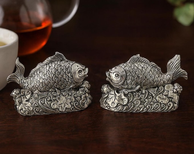 Vintage Silver Plate Koi Fish Salt and Pepper Shakers Ornate Collectible Tableware Kitchen Decor
