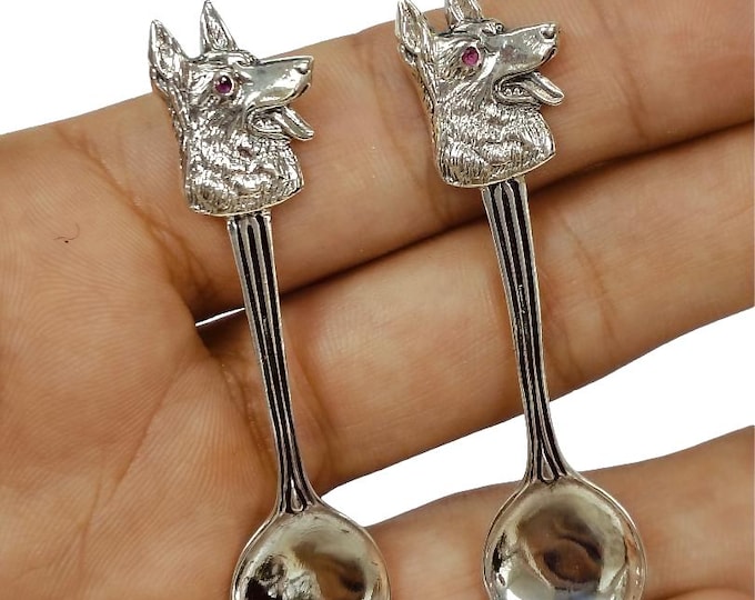 Antique and Vintage Style Pair of Salt Spoons Dog with Ruby Eyes 925 Sterling Silver Collectible Spoons, Miniature Spoons