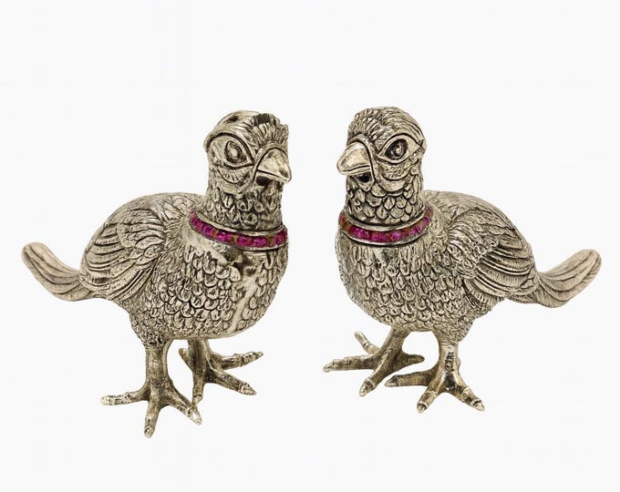 Antique Style Sterling Silver Bird Salt and Pepper Shakers with Ruby Collars Collectible Tableware, Vintage-Inspired Gift