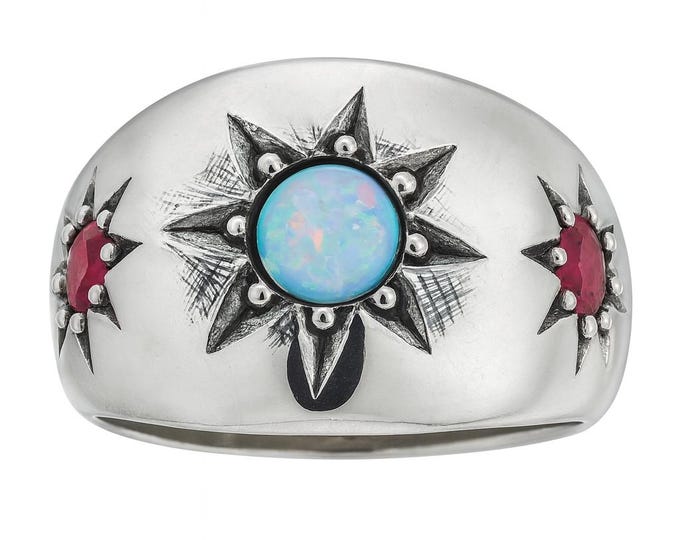925 Sterling Silver Opal Ring with Starburst Design Ruby Red Accent Stones Unique Boho Jewelry Gift for Her