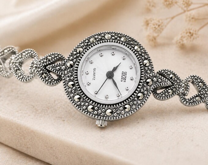 Vintage Marcasite Sterling Silver Bracelet Watch, Elegant Women’s Dress Watch