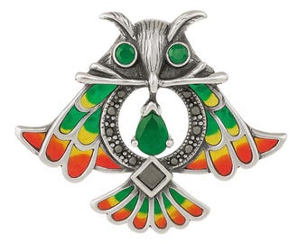 Art Nouveau Owl Brooch Pendant, Emerald Marcasite, 925 Sterling Silver