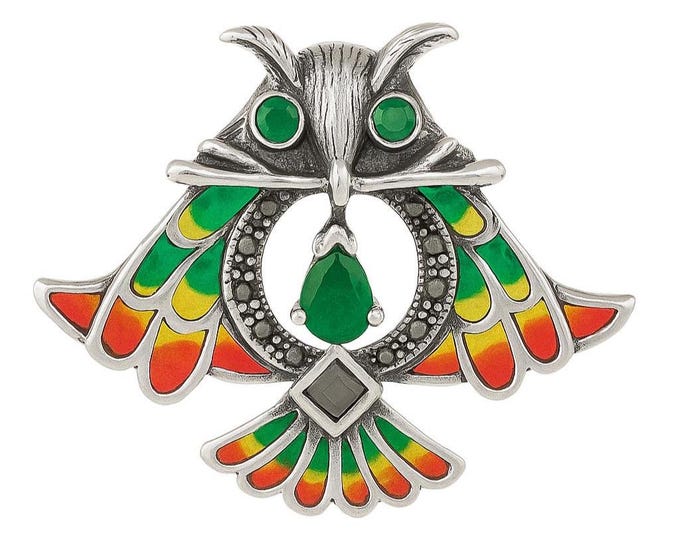 Art Nouveau Plique-à-Jour Enamel Owl Brooch Pendant with Emerald and Marcasite 925 Sterling Silver