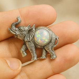 Antique Inspired Gilson Opal White Elephant Brooch 925 Sterling Silver