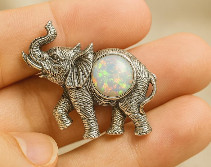 Antique Inspired Gilson Opal White Elephant Brooch 925 Sterling Silver
