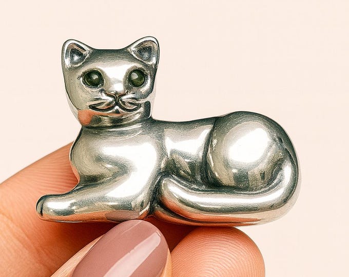 Antique Inspired Cat Pin Cushion Emerald Eyes 925 Sterling Silver