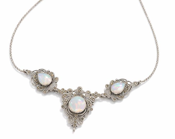 925 Sterling Silver Mother of Pearl and Marcasite Necklace Vintage Inspired