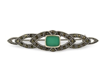 Vintage Art Deco Sterling Silver Marcasite Brooch with Turquoise Gemstone Antique Style Pin Jewelry Gift for Her