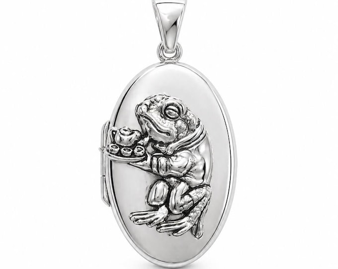 925 Silver Plate Frog Serving Tea Locket Pendant, Engraved Frog Necklace