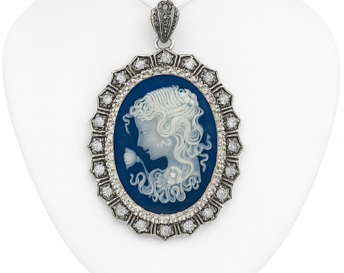 Vintage Style Silver Plated Cameo Pendant Necklace Oval Lady Profile with Marcasite and CZ Accents Victorian Inspired Statement Jewelry