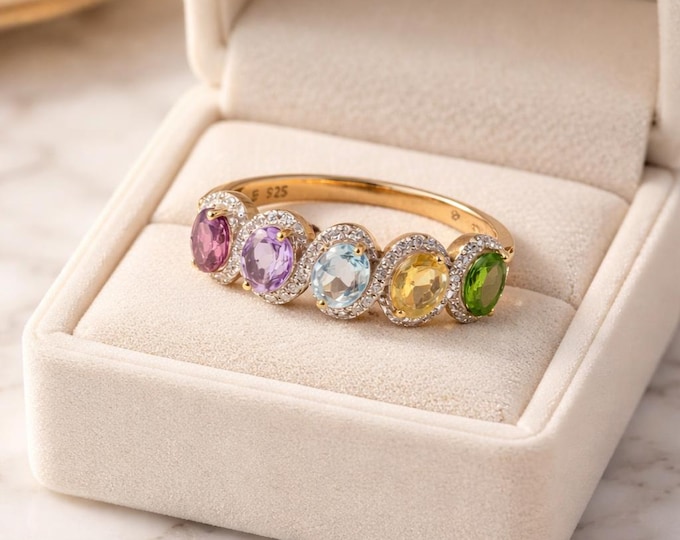 Rainbow Gemstone Ring, 925 Sterling Silver Gold Plated Band, Multi Stone Halo Ring, Colorful Birthstone Ring, Gift for Her