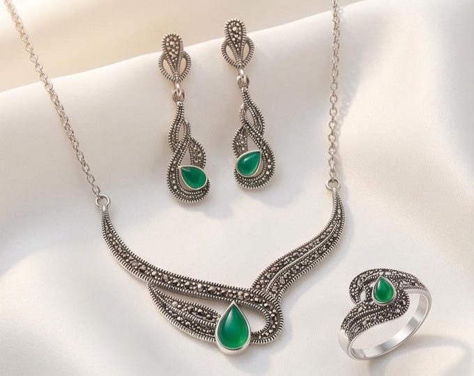 925 Sterling Silver Marcasite Jewelry Set, Art Deco Necklace, Earrings and Ring Set