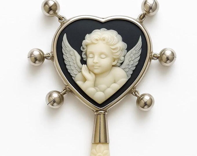 Vintage Cupid Baby Rattle Cameo Silver and Cream Floral Handle Keepsake Gift Christening or Baby Shower Gift
