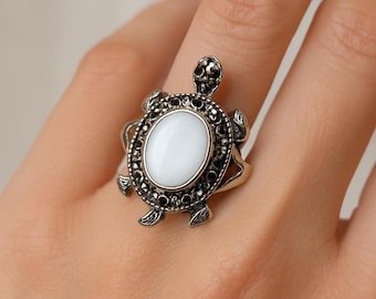 Vintage Style Sterling Silver Turtle Ring with Mother of Pearl, Coral, Turquoise Oval and Marcasite Accents Art Deco Statement Jewelry