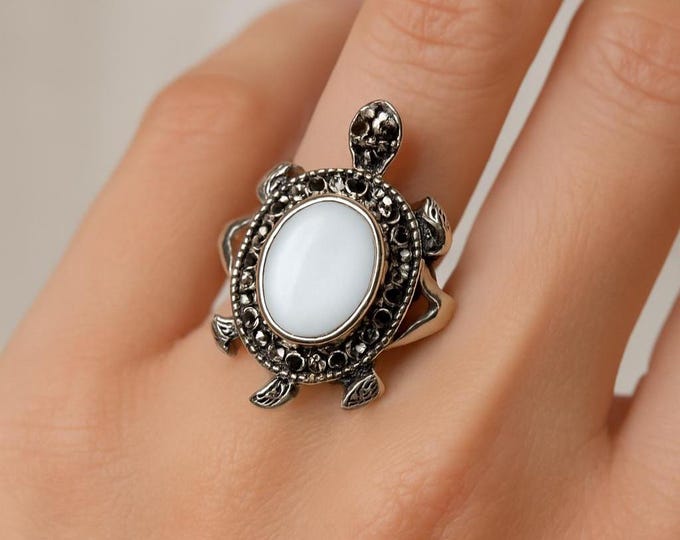 Vintage Style Sterling Silver Turtle Ring with Mother of Pearl, Coral, Turquoise Oval and Marcasite Accents Art Deco Statement Jewelry