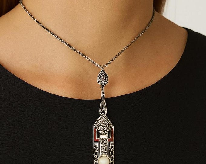 Art Deco Sterling Silver Marcasite Pendant Necklace with White Gilson Opal and Ruby Accents Vintage Style 925 Silver Jewelry Gift
