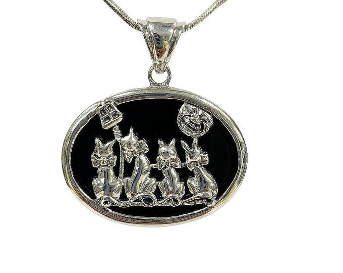 Antique Style Cats Onyx Pendant 925 Sterling Silver