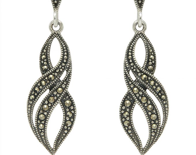 Vintage Sterling Silver Marcasite Drop Earrings Art Deco Dangle Jewelry, Antique Style Statement Earrings