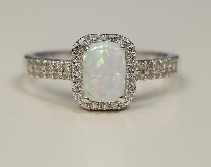 Gilson Opal and CZ Diamond Ring 925 Sterling Silver
