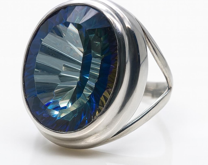 Mystic Topaz Oval Ring Round Blue Gemstone Statement Cocktail Ring in 925 Sterling Silver, Bold Modern Jewelry Gift for Her