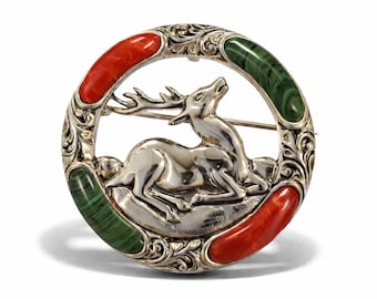 Antique Inspired Deer Coral and Malachite Brooch Pendant 925 Sterling Silver
