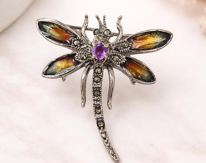 Antique Inspired Amethyst and Marcasite Brooch 925 Sterling Silver