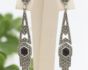 Art Deco Inspired Onyx and Marcasite Drop Earrings 925 Sterling Silver Vintage Style Dangle Jewelry