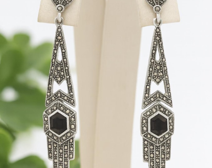 Art Deco Inspired Onyx and Marcasite Drop Earrings 925 Sterling Silver Vintage Style Dangle Jewelry