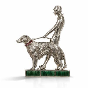 Art deco borzoi hondenbroche, robijn onyx malachiet, sterlingzilver