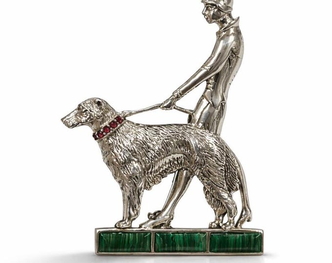 Art Deco Borzoi Dog Brooch, Ruby Onyx Malachite, Sterling Silver
