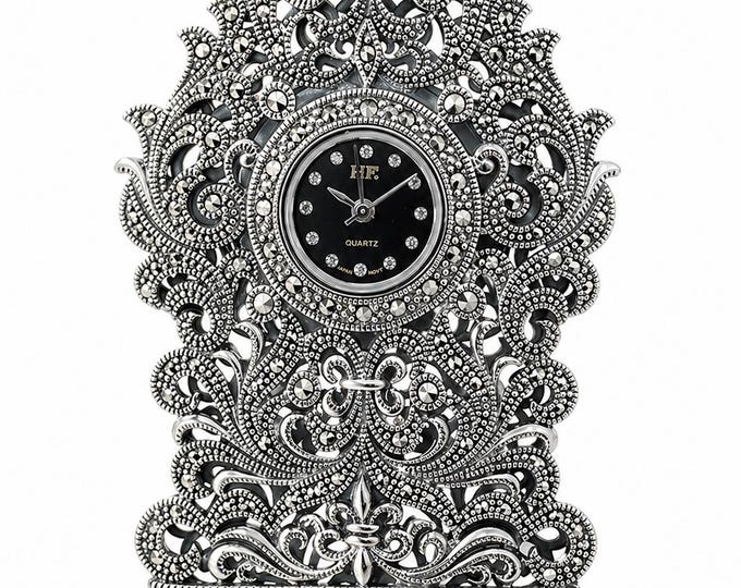 Ornate Sterling Silver Marcasite Watch, Vintage Filigree Statement Timepiece