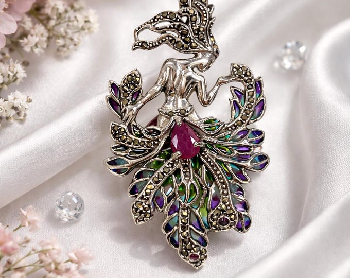 Vintage Style Fairy Brooch Pendant 925 Silver Marcasite Enamel Art Nouveau Mythical Jewelry