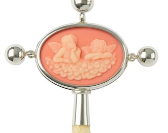 Vintage Baby Rattle with Cupid Cameo Silver and Cream Floral Handle Keepsake Gift Christening or Baby Shower Gift