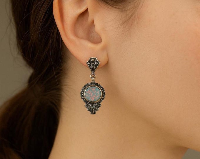 Art Deco Inspired White Gilson Opal and Marcasite 925 Sterling Silver Earrings